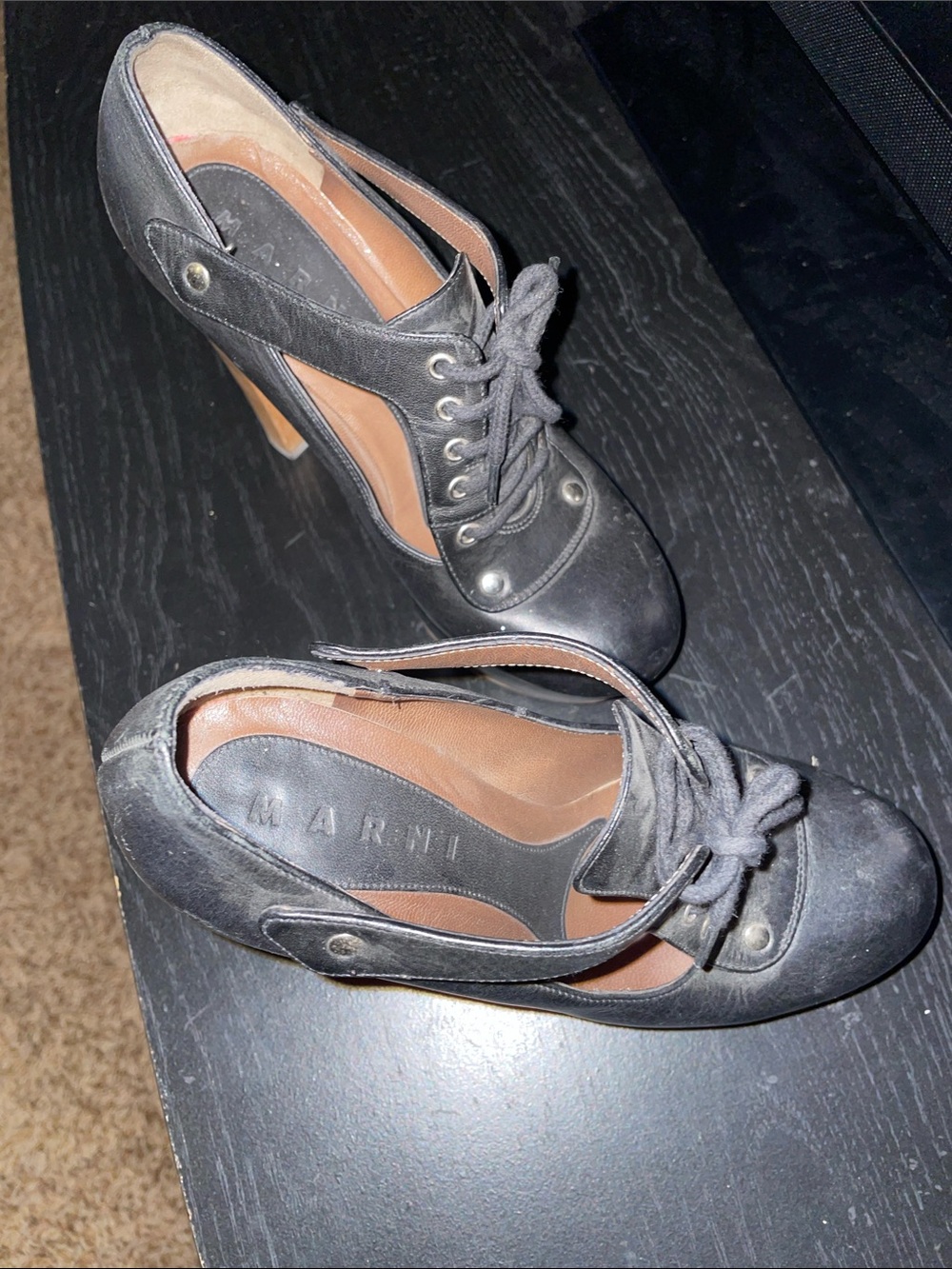 Marni Black Lace-Up Cutout Leather Heels with Tan Insole